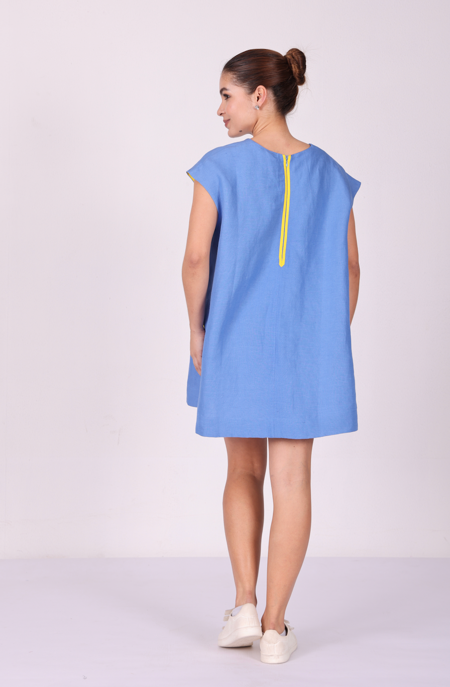 Smiley Pocket Pure Linen Shift Dress – Sky Blue