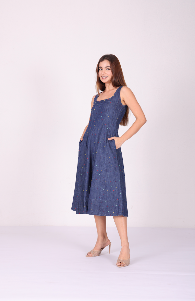 Confetti Denim Corset Midi Dress – Indigo Blue