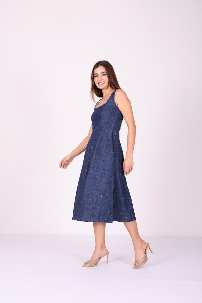 Confetti Denim Corset Midi Dress – Indigo Blue
