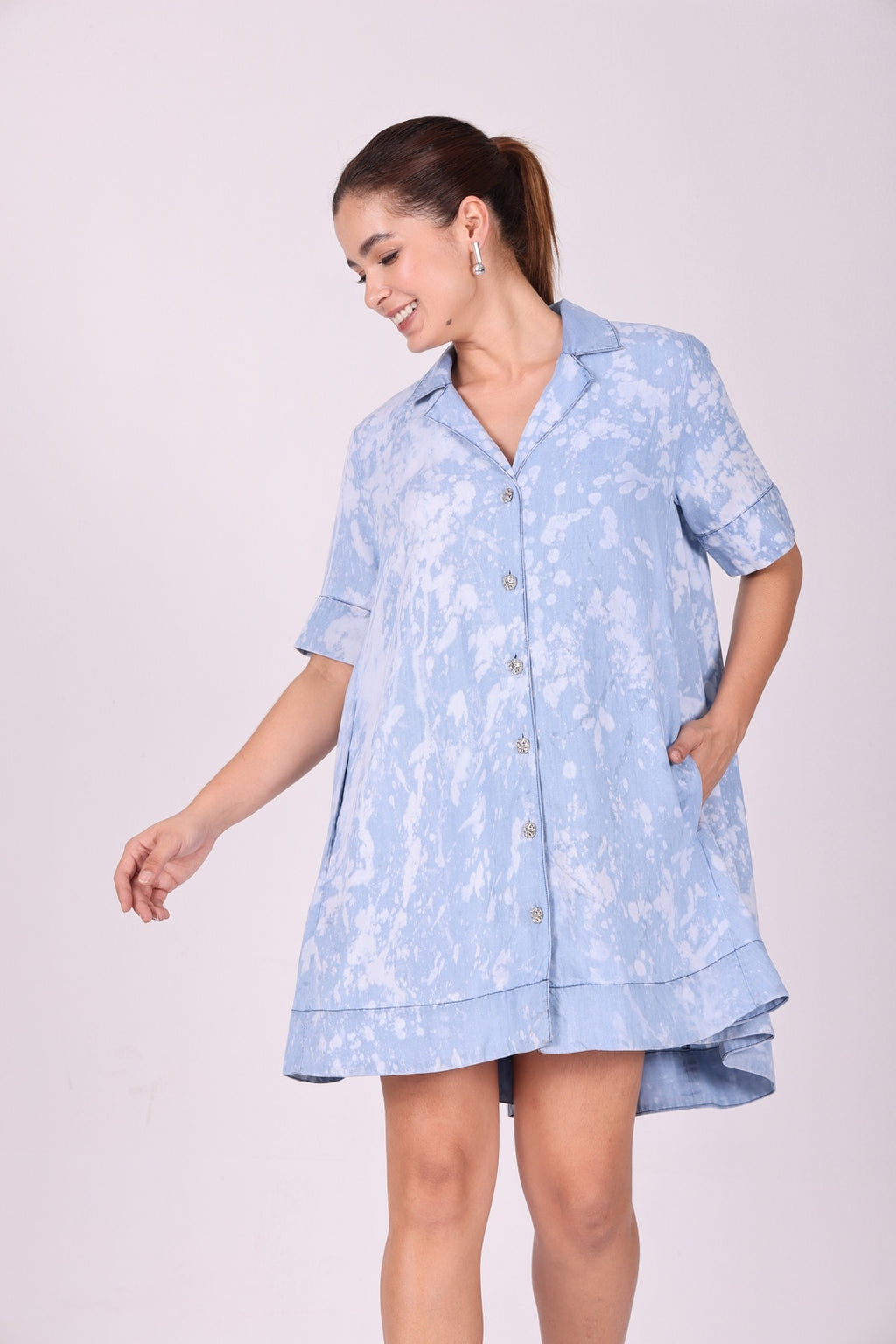 Azure Mist Dalmatian Wash Tencel Denim Shirt Dress