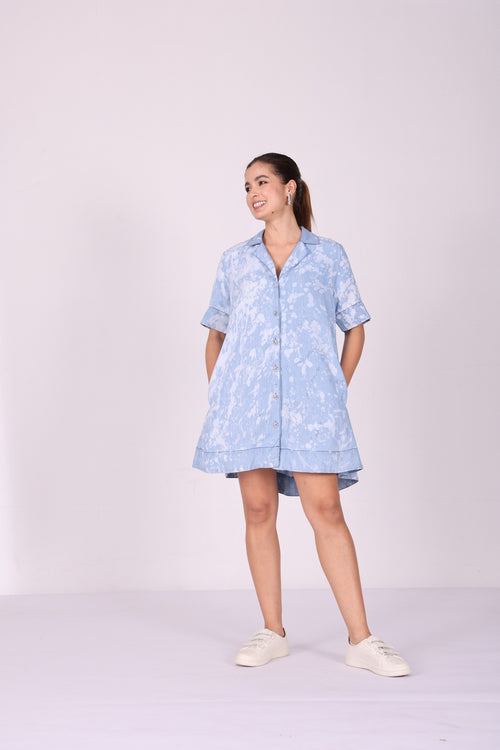 Azure Mist Dalmatian Wash Tencel Denim Shirt Dress
