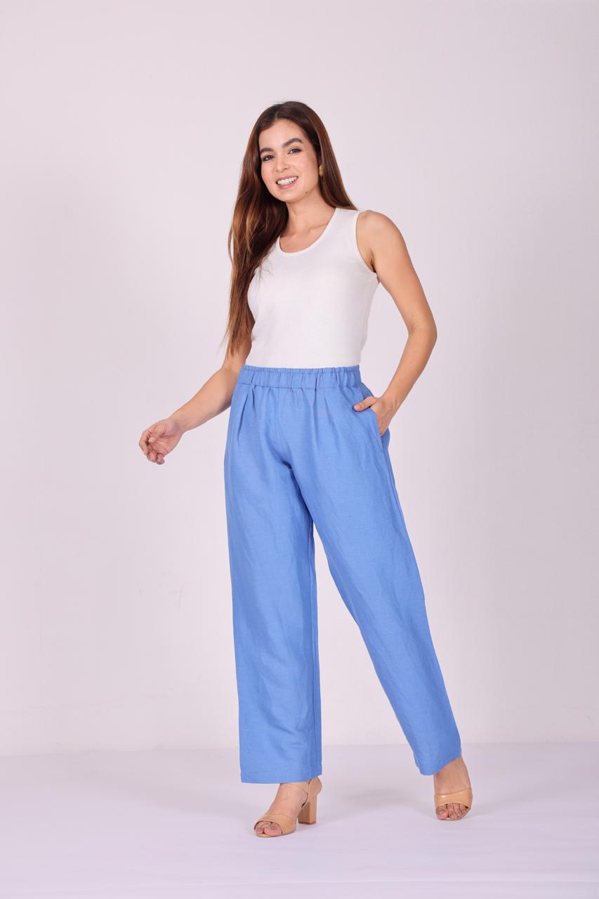 Breezy Luxe Pure Linen Wide-Leg Pants – Sky Blue