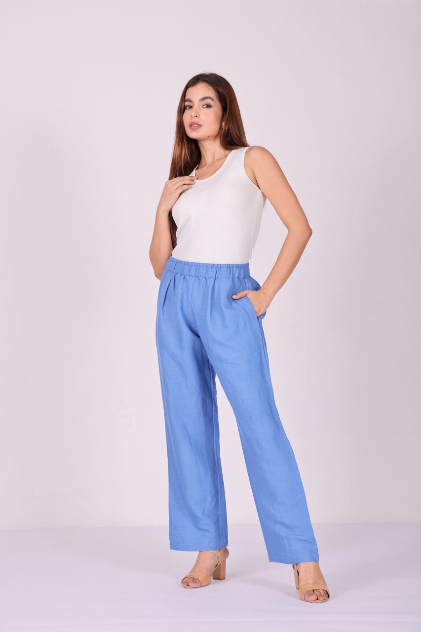 Breezy Luxe Pure Linen Wide-Leg Pants – Sky Blue
